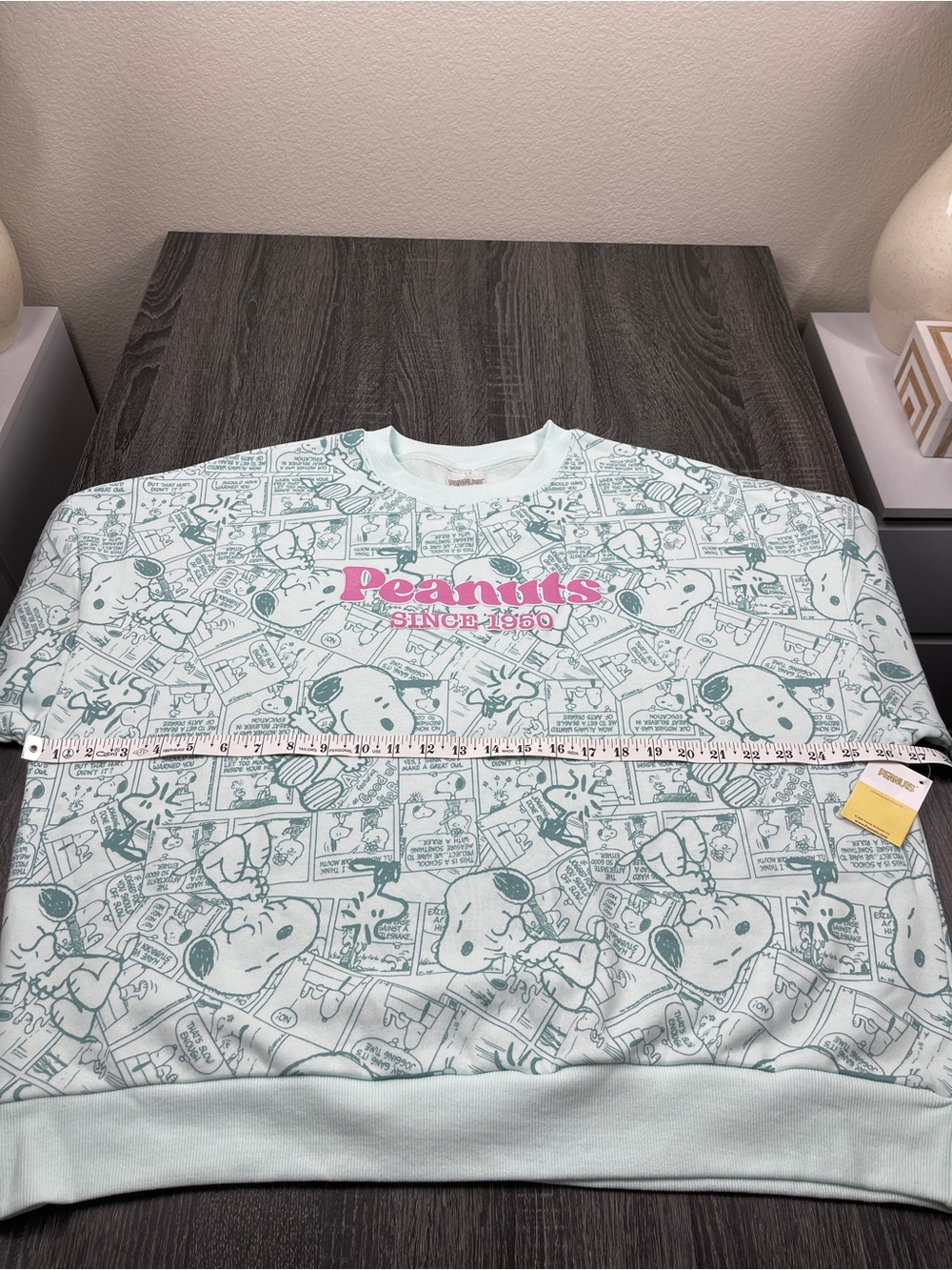 Peanuts Newspaper Print Double Sided Mint Green Sweatshirt Women’s Size XL NWT - Picture 3 of 6